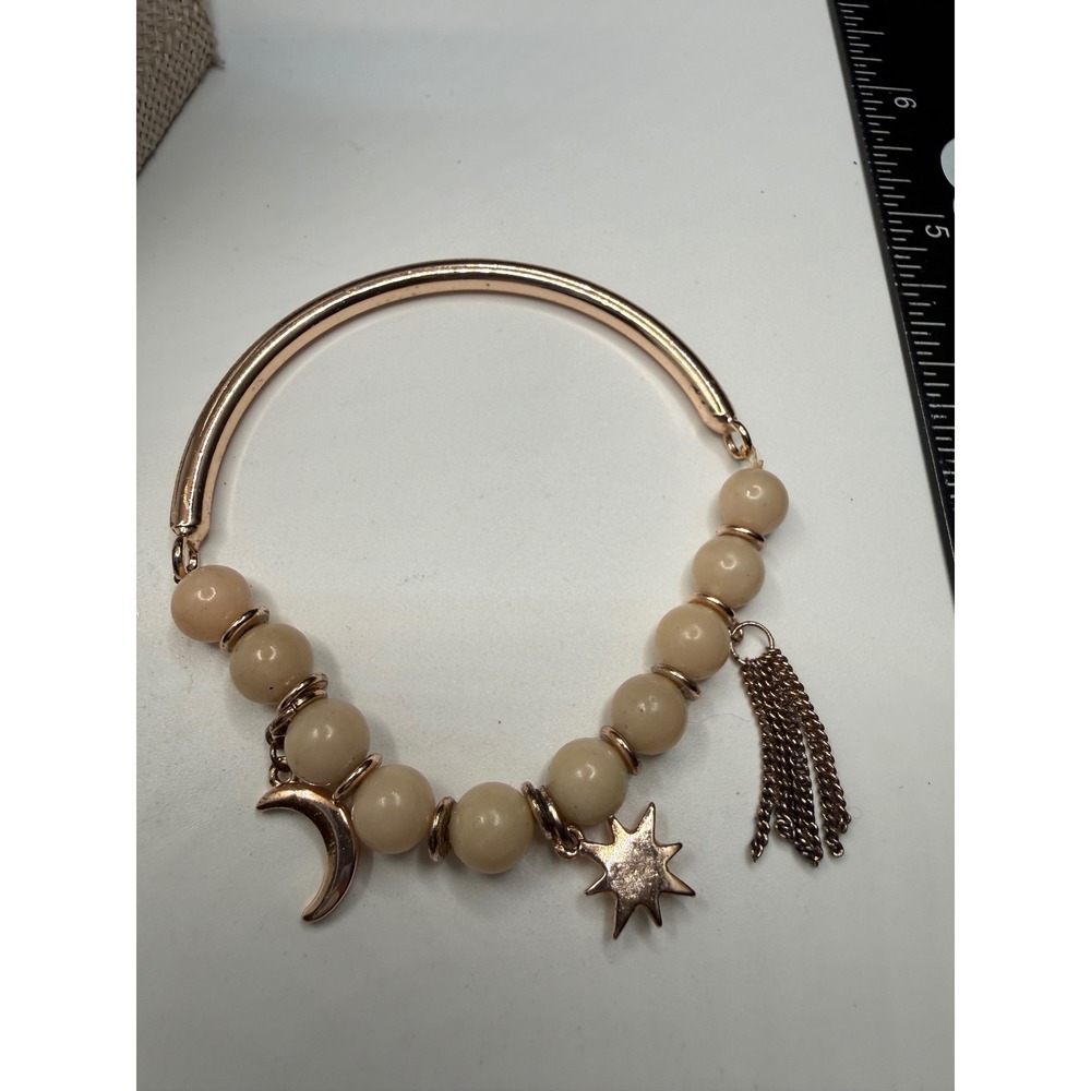 Rose Gold Celestial Charm Bracelet Moon Star Tassel Cream Beaded Stretch Bangle